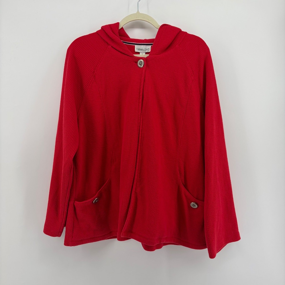 Coldwater Creek Womens XL Red Cardigan Hooded Single Button Textured Knit Pocket